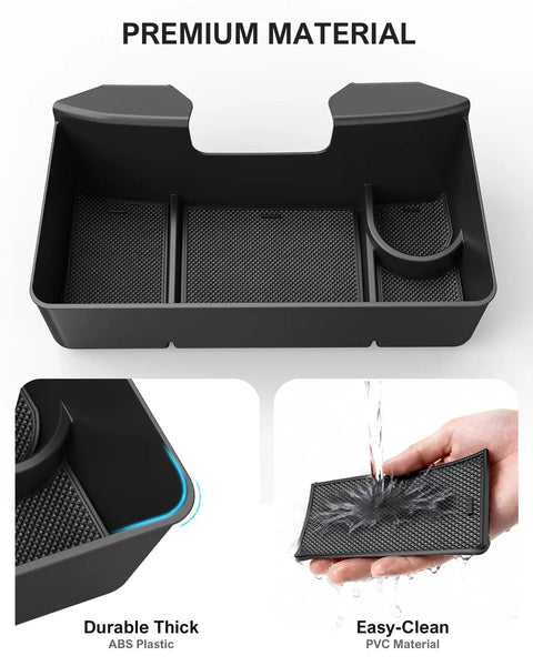 Center Console Hanging Organizer Box with Compartments showing durable ABS plastic and easy-clean PVC for Silverado 1500, 2500HD, 3500HD, Sierra GMC trucks.
