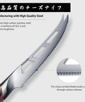 Five Inch Serrated Cheese Knife Crafted With Premium Steel Core And A Super Slick Hollow Blade For Butter Smooth Cuts That Slide Off Easy Plus A Gotta Have Fork Tip For Zero Mess Party Spread close-up of serrated blade showing high-carbon steel and hollow channels.