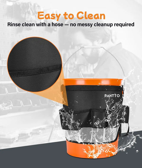 Bucket Tool Organizer For 3.5 To 5 Gallon Buckets, Waterproof Exterior Caddy with Mesh Pocket, water splash illustration