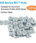Top Shelf Heavy Duty M3 T Slot Nuts 50 Pack 2020 Profile Sliding T Nuts For Aluminum Extrusion Rails Carbon Steel Nickel Plated Rust Resistant Hardware For 3D Printers, 50 carbon steel t-nuts on a white background.