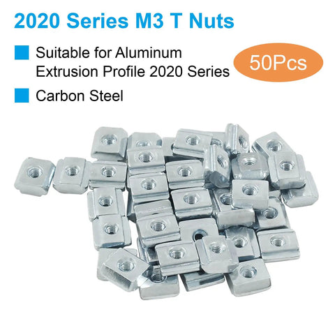 Top Shelf Heavy Duty M3 T Slot Nuts 50 Pack 2020 Profile Sliding T Nuts For Aluminum Extrusion Rails Carbon Steel Nickel Plated Rust Resistant Hardware For 3D Printers, 50 carbon steel t-nuts on a white background.