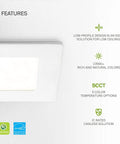 Close-up of a Six Pack 4 Inch Square LED Recessed Light With 5 CCT 2700K To 5000K 12W 50W Equiv Ultra Slim Dimmable design features.