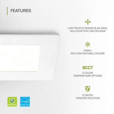 12 Pack 6 Inch LED Square Recessed Lights With 5 CCT Options 2700K To 5000K, 15W To 60W Equivalent, low-profile design