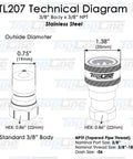 3/8 Inch NPT Hydraulic Quick Connect Coupler Set Built From Tough As Nails 316 Stainless Steel Technical Diagram.