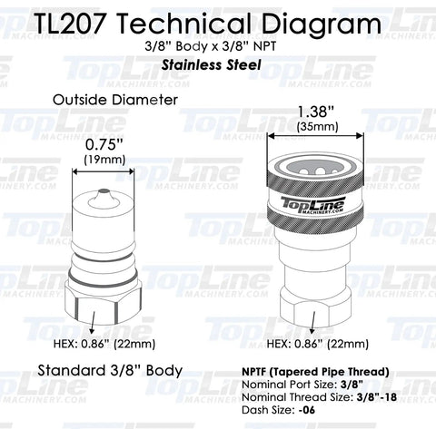 3/8 Inch NPT Hydraulic Quick Connect Coupler Set Built From Tough As Nails 316 Stainless Steel Technical Diagram.