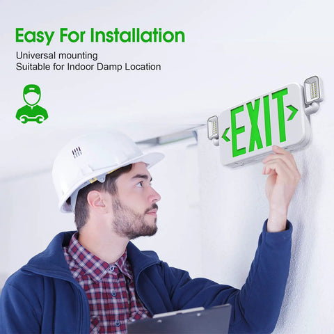 Man installing LED Combo Emergency Exit Sign With Two Adjustable Heads And Backup Battery 120 277V UL 924 Listed Green Letter Commercial Grade Safety Lighting 2 Pack No Sweat Easy Install on wall