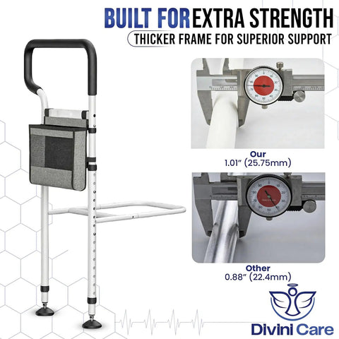 Sturdy Bed Safety Rails With LED Light, Storage Pouch And Adjustable Bed Cane showing thicker frame with caliper measurement