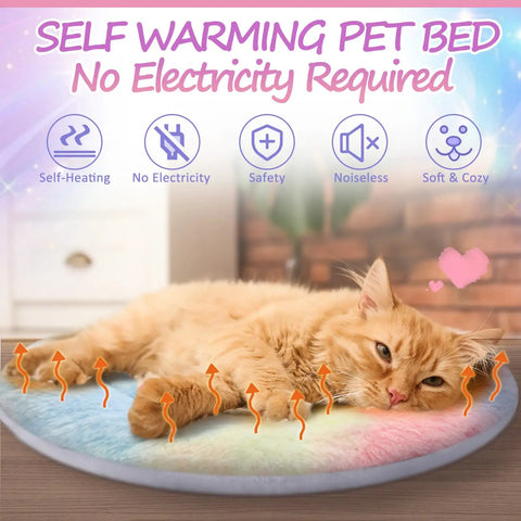 Self Heating Cat Bed 2 Pack Machine Washable Pet Mat Reversible Thermal Warm Round Dog Crate Pad Tie Dye with an orange cat resting.