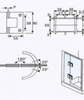 Technical diagram of 180 Degree Stainless Steel Wall Door Hinge for glass shower doors and cabinets, showing measurements and angles.