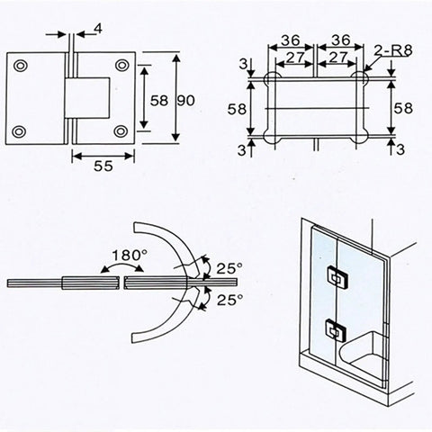 Technical diagram of 180 Degree Stainless Steel Wall Door Hinge for glass shower doors and cabinets, showing measurements and angles.