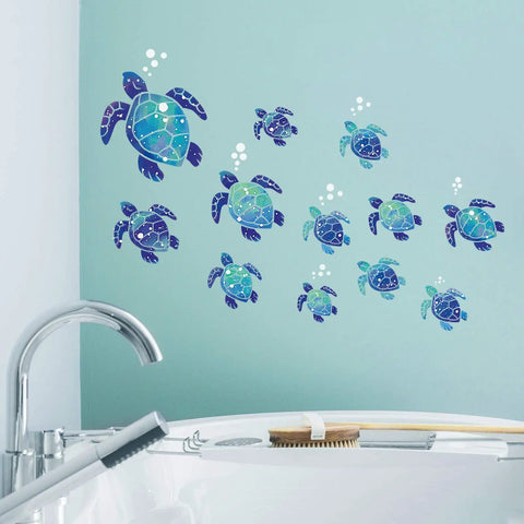12 Pcs Sea Turtle Wall Decals Set Ocean Turtle Vinyl Stickers For Bathroom Kitchen Nursery And Office Waterproof Underwater Wall Art Decor For Home Blue shown above bathtub on light blue wall