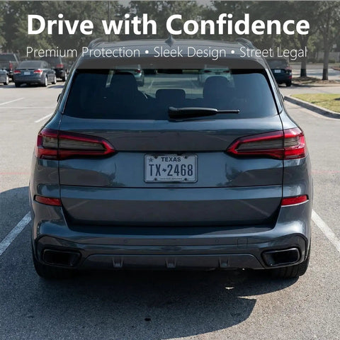 Rear view of SUV with Clear Gray License Plate Frames With Anti Glare Vision Built Tough ABS Rustproof 2 Pack