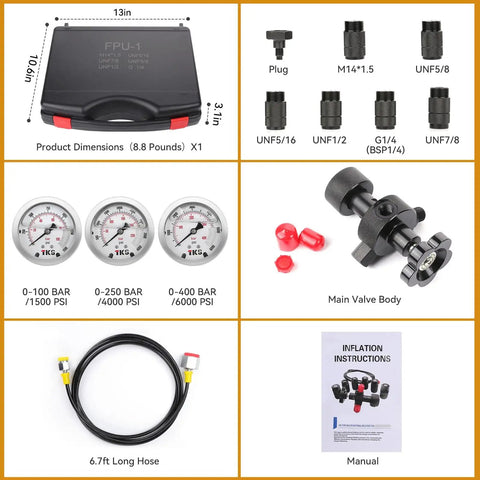 Hydraulic Nitrogen Accumulator Charging Kit Pro Grade With Nitrogen Fill And Pressure Test System Three Gauges 1500 PSI 4000 PSI 6000 PSI Seven Couplings And Gas Hose For Precise Nitrogen Pressure Testing