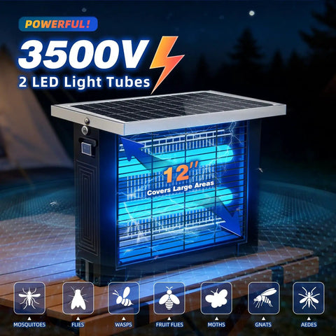 Outdoor Solar Mosquito Zapper Portable With 13 Ft Extension Cord, Rechargeable Electric Bug Zapper For Patio Garden Backyard RV Camping Pest Control, Chemical Free Insect Trap With Auto Mode And 2000 Sq Ft Coverage showing LED tubes and voltage.