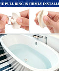 Heavy Duty Six Piece Rubber Drain Stopper Set For Bathroom Sink And Bathtub With Clearly Labeled Sizes And No Sweat Quick Swap White Zero Leak Bath Accessory with pull ring installation.