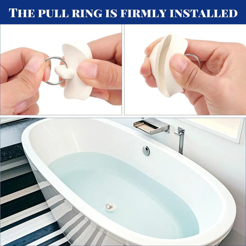Heavy Duty Six Piece Rubber Drain Stopper Set For Bathroom Sink And Bathtub With Clearly Labeled Sizes And No Sweat Quick Swap White Zero Leak Bath Accessory with pull ring installation.