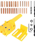 Rock Solid Doweling Jig Kit 38 Piece Self Centering Woodworking Drill Guide includes yellow jig, wood dowels, and drill bits.