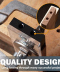 Close-up of Pro Grade Quarter Inch Doweling Jig Kit with laser alignment on wooden board, showing precise dowel holes.