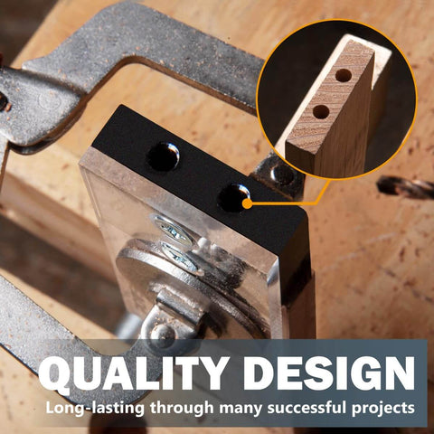 Close-up of Pro Grade Quarter Inch Doweling Jig Kit with laser alignment on wooden board, showing precise dowel holes.