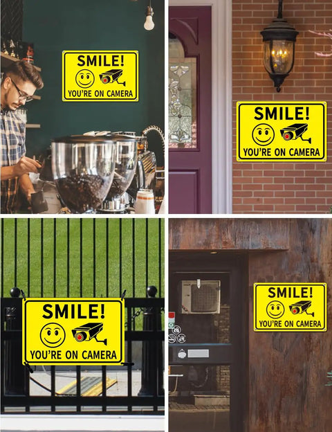 4 Pack Smile Youre On Camera Signs 8x12 Rust Free Aluminum Outdoor Video Surveillance Signs displayed in various locations