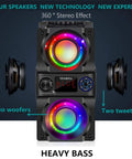 Front view of Beast Mode 40W Portable Bluetooth Speaker with colorful lights, dual subwoofers, and FM radio.