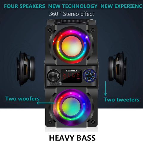 Front view of Beast Mode 40W Portable Bluetooth Speaker with colorful lights, dual subwoofers, and FM radio.