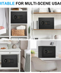 Compact 1.3 Cu Ft Home Safe Box Fireproof And Waterproof with Digital Keypad shown in various room settings