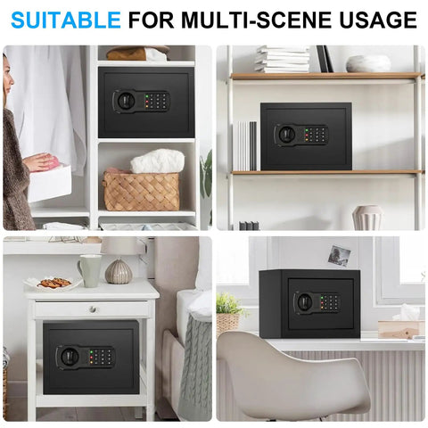 Compact 1.3 Cu Ft Home Safe Box Fireproof And Waterproof with Digital Keypad shown in various room settings