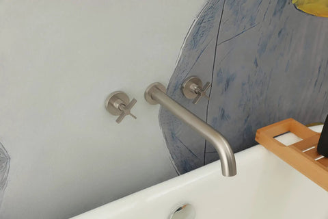 Wall Mount Tub Filler With Two Cross Handles, Extra Long 11 Inch Spout, High Flow Tub Faucet With Nickel Brushed Finish installed on wall