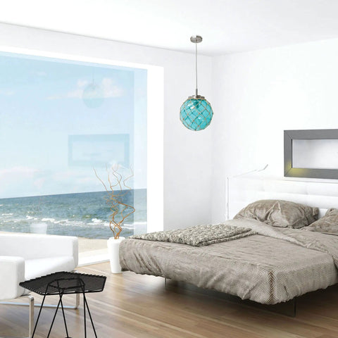Coastal Sea Glass Pendant With Aqua Glass, Netted Buoy Design In Brushed Nickel, Natural Rope Accents, Ocean Style Hanging Light Over Bed