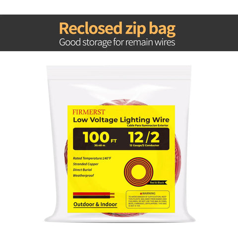 Reclosed zip bag of Go To Direct Burial Low Voltage Landscape Lighting Wire, 12 AWG 2 Conductor, Copper Red Black, 100 Feet