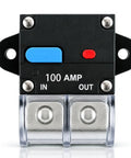 Badass 100 Amp Circuit Breaker For Marine Boats Trolling Motors And ATV 12V Through 48V DC IP67 sealed housing with buttons.