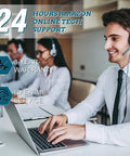 Smiling customer support representatives with headphones using laptops at a call center with 24/7 online tech support.