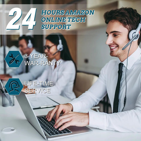 Smiling customer support representatives with headphones using laptops at a call center with 24/7 online tech support.