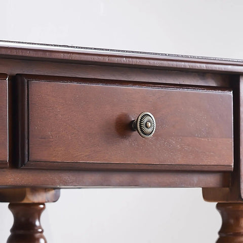 Close-up of a drawer handle on a Retro Brown Computer Desk With Two Smooth As Butter Storage Drawers Absolutely Hella Sturdy Construction.