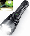 Rechargeable 1.5 Million Lumen Tactical Flashlight With Zoomable Beam, 5 Modes, Waterproof, long battery life; light beam shown
