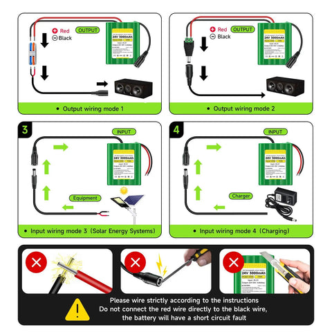 Diagrams showing wiring modes for 24V Lithium Battery 3000mAh With Charger And Bare Leads For Dope DIY Projects
