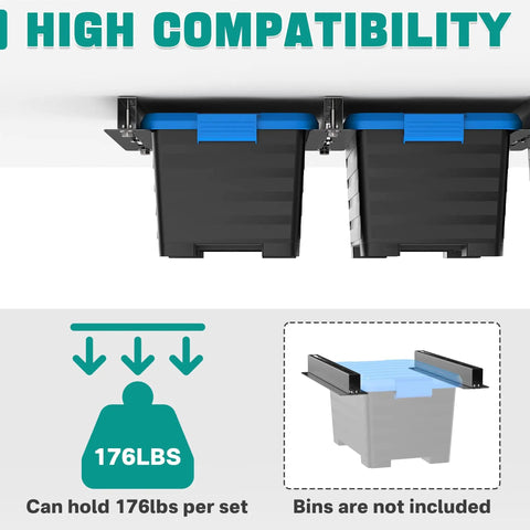 Heavy Duty Ceiling Storage Rack For Garage, Adjustable Overhead Bin System, 7 Sets For 6 Bins, 16 Inch Span, rust resistant coating