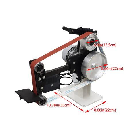 Rock Solid 2 By 71 Inch Variable Speed Belt Grinder With Three Flat And Rubber Grinding Wheels side view showing dimensions and design.