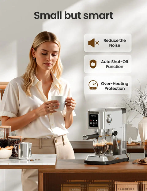 Compact Stainless Steel Espresso Machine with milk frother for home cafe drinks, user enjoying coffee at kitchen counter.