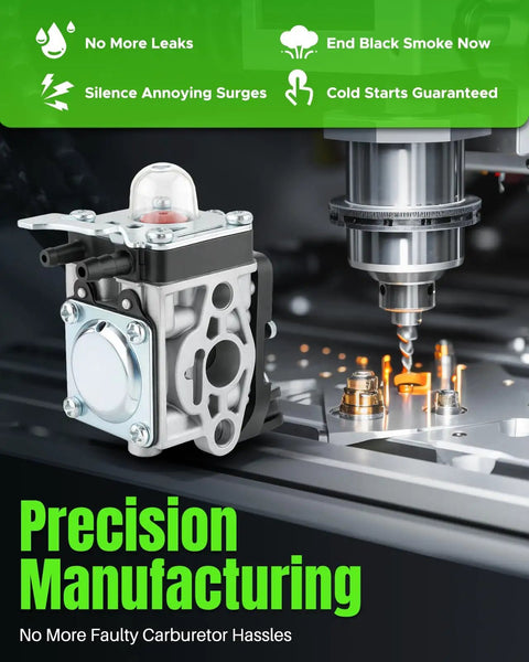 Carburetor Replacement Kit For SRM 2620 Trimmer displayed next to precision manufacturing equipment.