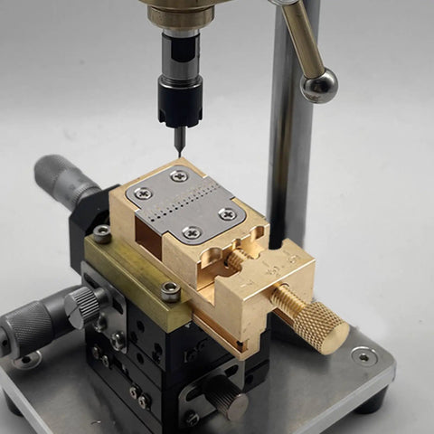 Polished Metal Pliers Fixture Clamp With Adjustable Jaws Stays On Your Benchtop For Seamless Watch Repair, Jewelry Fabrication, Tiny Component Machining And Precise Micro Assembly, No Fuss Operation, gold benchtop micro clamp with adjustable jaws
