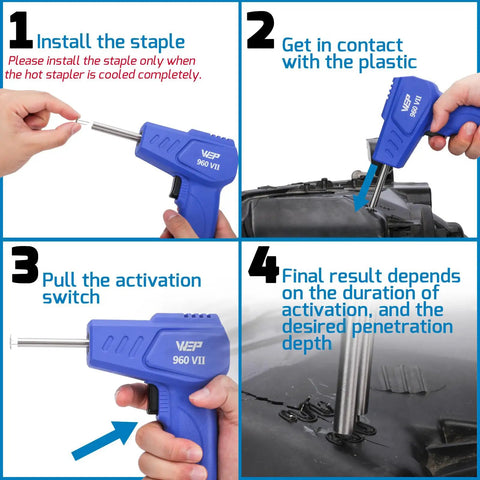 Steps to use Plastic Welder Kit Pro Grade For Auto Body Repairs 110V With Ergonomic Grip And Led Lights, 350 Hot Staples