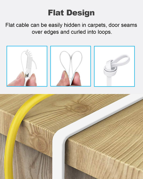 Flat Cat6 Ethernet Cable 3Ft 6 Pack White High Speed Solid Bare Copper Gigabit LAN Patch Cords With Snagless RJ45 Connectors For Modem Router Computer showing flat design on a tabletop.