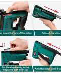 Instructions for loading Cordless Electric Staple Gun For Wood With T50 Staples And USB Charger Heavy Duty Stapler.