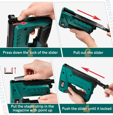 Instructions for loading Cordless Electric Staple Gun For Wood With T50 Staples And USB Charger Heavy Duty Stapler.