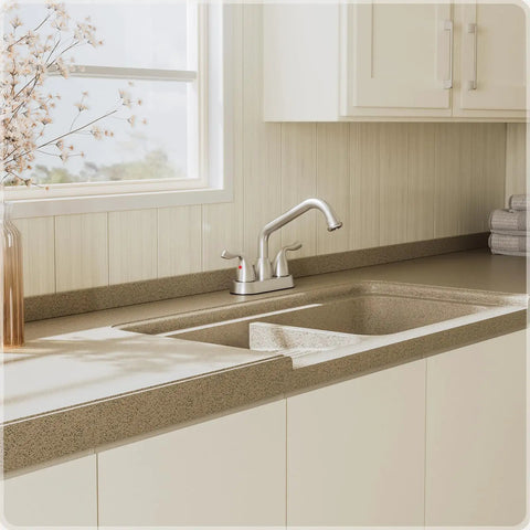 Brushed Nickel Utility Sink And Laundry Faucet For Home Use, 4 Inch Center Set, 360 Rotating Swivel Spout in kitchen setup