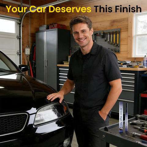 Person standing next to car in garage with Scratch Remover Pen For Cars, Magic Car Scratch Repair Pen displayed on bench, 2 Pack