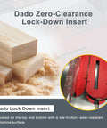 Dado Lock-Down Insert For SawStop And Jet Saws, depicted with wood shavings and red insert, melamine surface shown