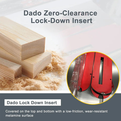 Dado Lock-Down Insert For SawStop And Jet Saws, depicted with wood shavings and red insert, melamine surface shown